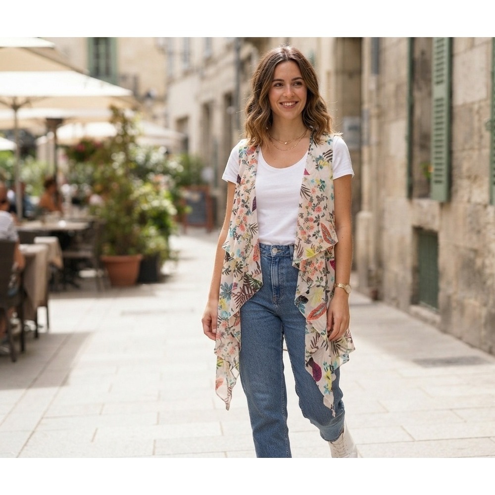 Terra & Sky Womens 1X Floral Draped Open Front Vest Tropical Bay Leaf TS29116PR